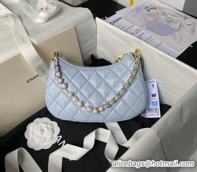 Top Quality Chanel Shiny Crumpled Calfskin Hobo Clutch with Heart Chain AP3786 Light Blue 2024