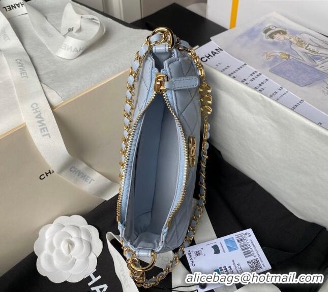 Top Quality Chanel Shiny Crumpled Calfskin Hobo Clutch with Heart Chain AP3786 Light Blue 2024