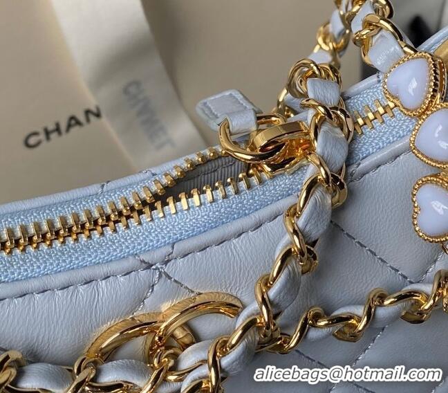 Top Quality Chanel Shiny Crumpled Calfskin Hobo Clutch with Heart Chain AP3786 Light Blue 2024