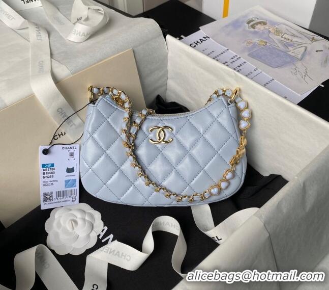 Top Quality Chanel Shiny Crumpled Calfskin Hobo Clutch with Heart Chain AP3786 Light Blue 2024