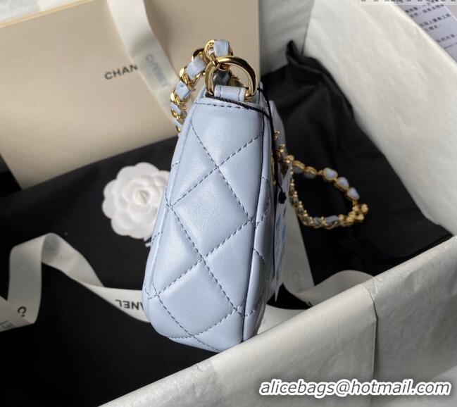 Top Quality Chanel Shiny Crumpled Calfskin Hobo Clutch with Heart Chain AP3786 Light Blue 2024