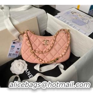 Best Product Chanel Shiny Crumpled Calfskin Hobo Clutch with Heart Chain AP3786 Light Pink 2024