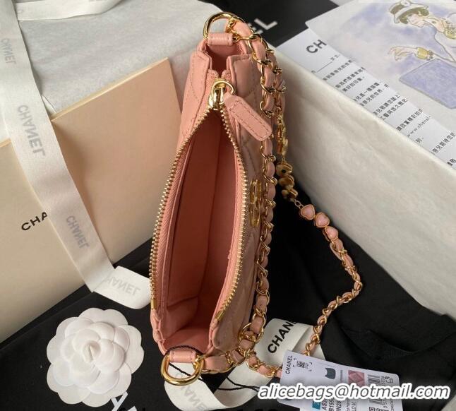 Best Product Chanel Shiny Crumpled Calfskin Hobo Clutch with Heart Chain AP3786 Light Pink 2024