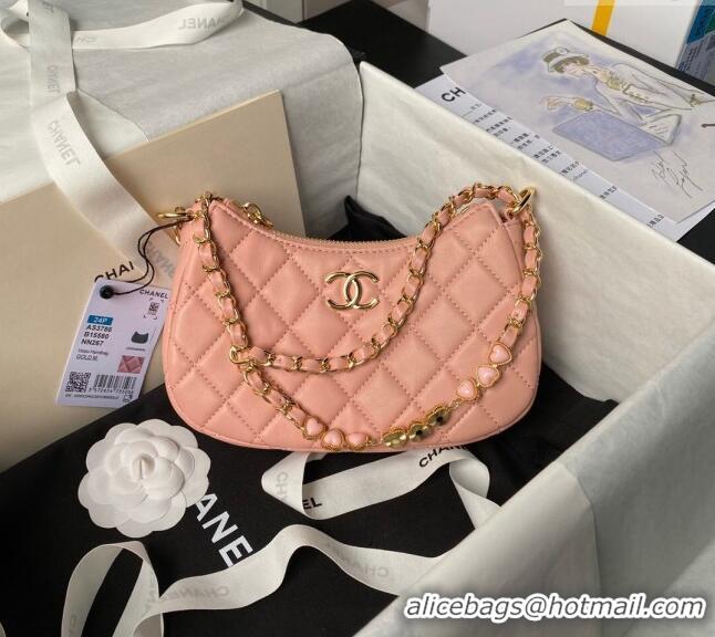 Best Product Chanel Shiny Crumpled Calfskin Hobo Clutch with Heart Chain AP3786 Light Pink 2024