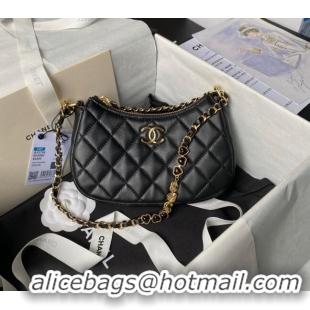 Shop Grade Chanel Shiny Crumpled Calfskin Hobo Clutch with Heart Chain AP3786 Black 2024