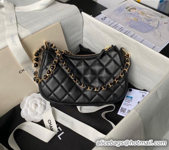 Shop Grade Chanel Shiny Crumpled Calfskin Hobo Clutch with Heart Chain AP3786 Black 2024