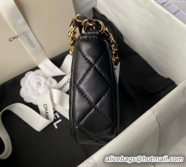 Shop Grade Chanel Shiny Crumpled Calfskin Hobo Clutch with Heart Chain AP3786 Black 2024