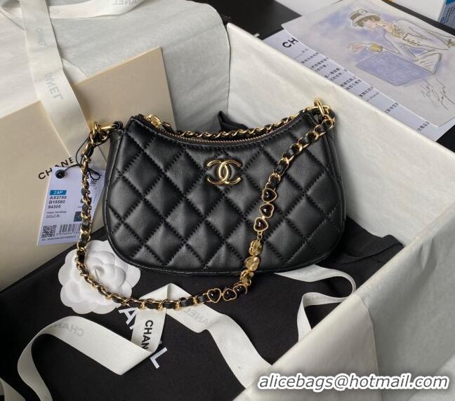 Shop Grade Chanel Shiny Crumpled Calfskin Hobo Clutch with Heart Chain AP3786 Black 2024