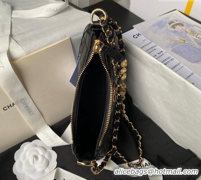 Shop Grade Chanel Shiny Crumpled Calfskin Hobo Clutch with Heart Chain AP3786 Black 2024