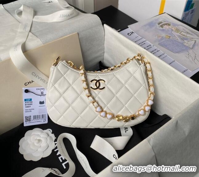 Promotional Chanel Shiny Crumpled Calfskin Hobo Clutch with Heart Chain AP3786 White 2024