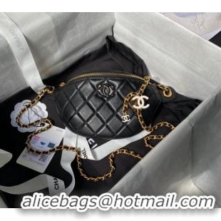 Grade Quality Chanel Shiny Lambskin Waist Bag with CC Charm Chain AP4113 Black 2024