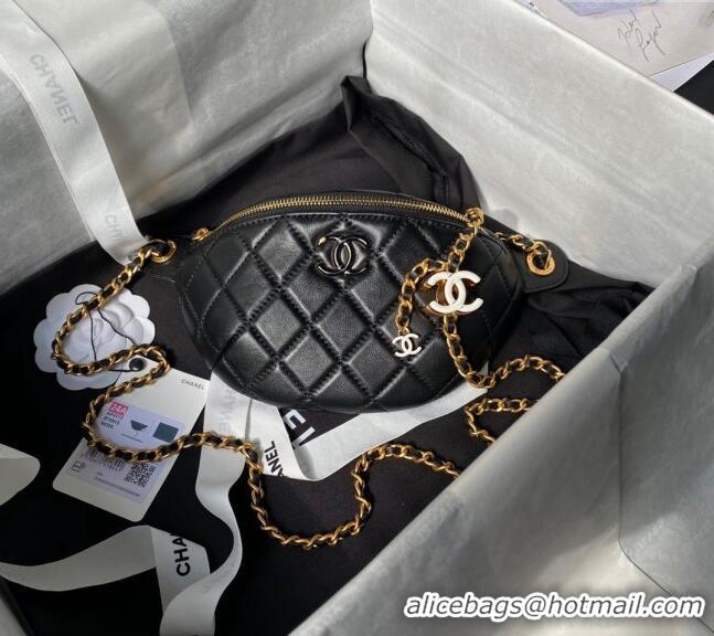 Grade Quality Chanel Shiny Lambskin Waist Bag with CC Charm Chain AP4113 Black 2024