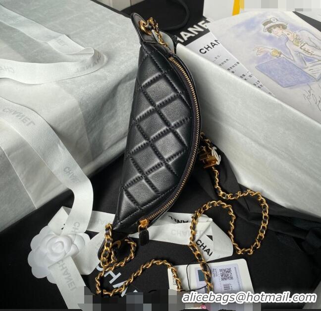 Grade Quality Chanel Shiny Lambskin Waist Bag with CC Charm Chain AP4113 Black 2024