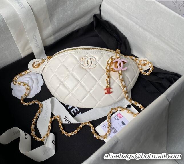 Trendy Design Chanel Shiny Lambskin Waist Bag with CC Charm Chain AP4113 White 2024