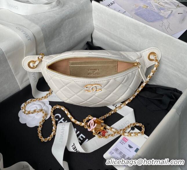 Trendy Design Chanel Shiny Lambskin Waist Bag with CC Charm Chain AP4113 White 2024