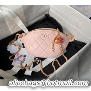 Top Grade Chanel Shiny Lambskin Waist Bag with CC Charm Chain AP4113 Light Pink 2024