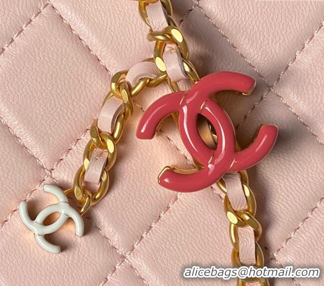 Top Grade Chanel Shiny Lambskin Waist Bag with CC Charm Chain AP4113 Light Pink 2024