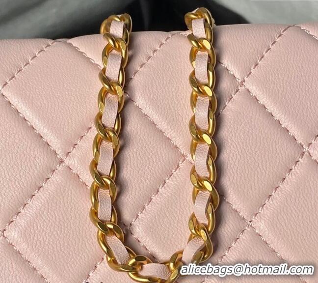 Top Grade Chanel Shiny Lambskin Waist Bag with CC Charm Chain AP4113 Light Pink 2024