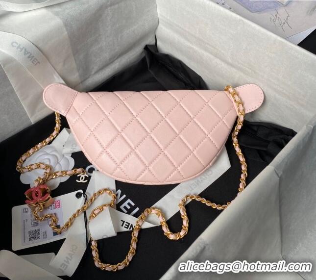 Top Grade Chanel Shiny Lambskin Waist Bag with CC Charm Chain AP4113 Light Pink 2024