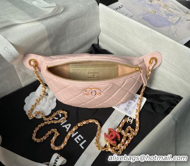 Top Grade Chanel Shiny Lambskin Waist Bag with CC Charm Chain AP4113 Light Pink 2024