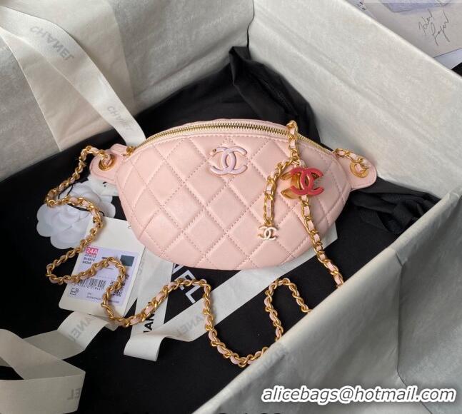 Top Grade Chanel Shiny Lambskin Waist Bag with CC Charm Chain AP4113 Light Pink 2024