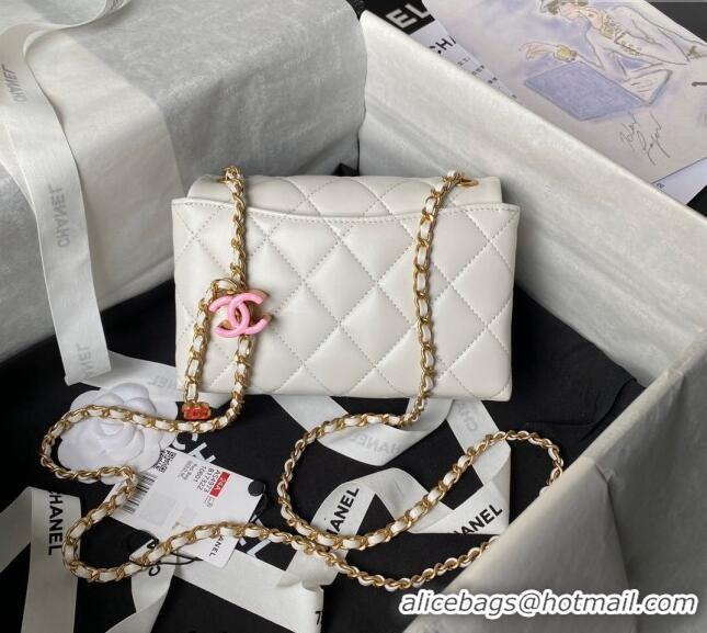 Well Crafted Chanel Shiny Lambskin Mini Flap Bag with CC Charm Chain AS4973 White 2024