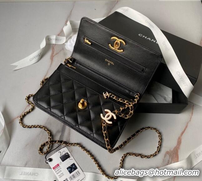 Super Quality Chanel Shiny Wallet On Chain WOC with CC Charm AP3938 Black 2024