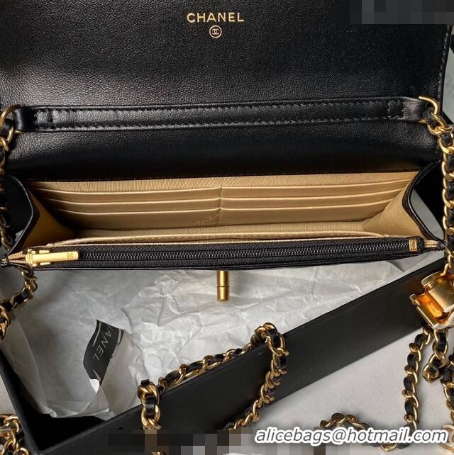 Super Quality Chanel Shiny Wallet On Chain WOC with CC Charm AP3938 Black 2024