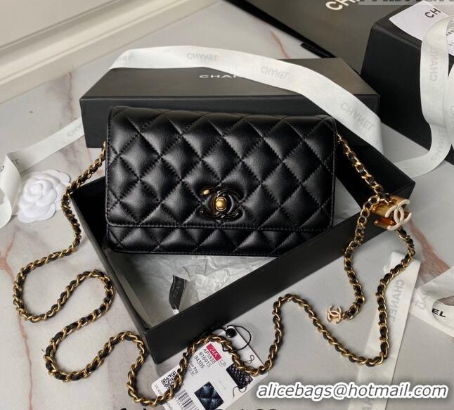 Super Quality Chanel Shiny Wallet On Chain WOC with CC Charm AP3938 Black 2024