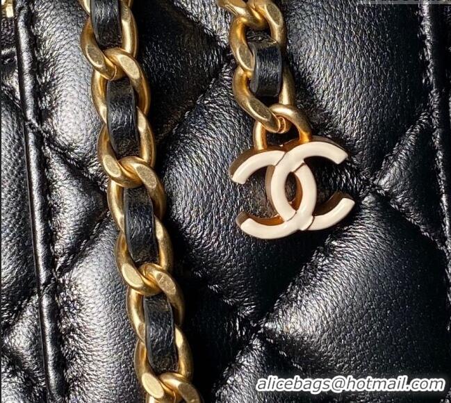 New Design Chanel Shiny Lambskin Clutch with CC Charm Chain AP3941 Black 2024