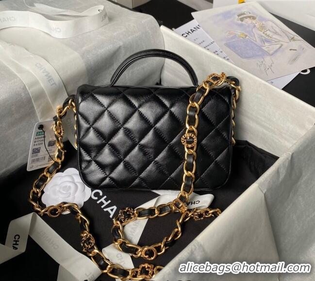 Buy Cheap Chanel Shiny Lambskin Mini Flap Bag with Top Handle and Buckle Chain AS4992 Black 2024