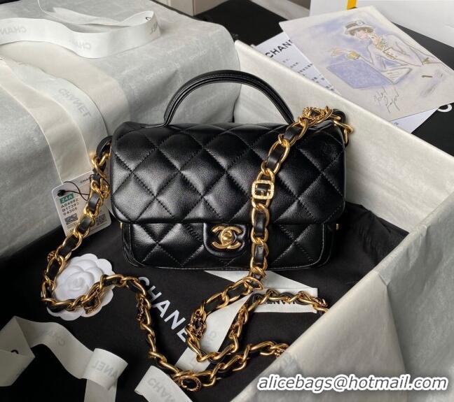 Buy Cheap Chanel Shiny Lambskin Mini Flap Bag with Top Handle and Buckle Chain AS4992 Black 2024