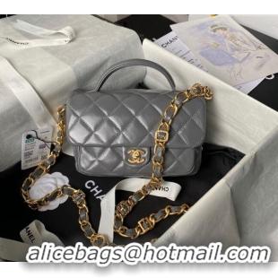 New Fashion Chanel Shiny Lambskin Mini Flap Bag with Top Handle and Buckle Chain AS4992 Grey 2024