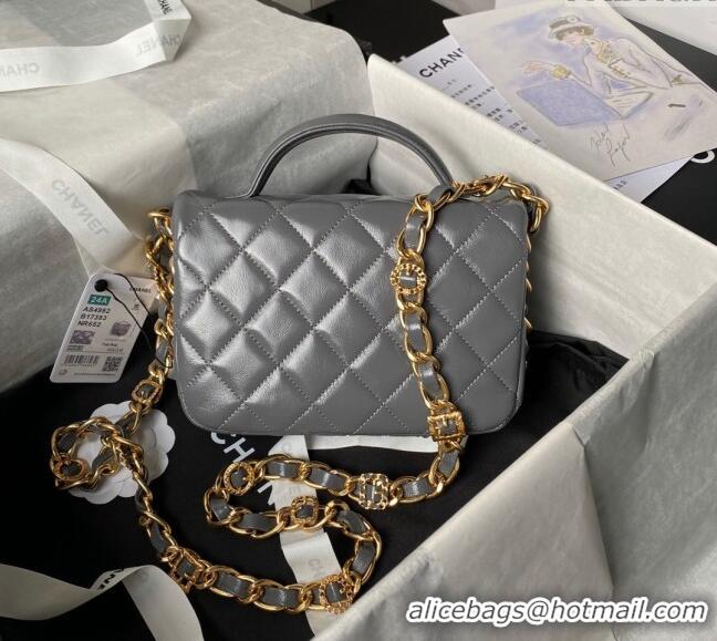 New Fashion Chanel Shiny Lambskin Mini Flap Bag with Top Handle and Buckle Chain AS4992 Grey 2024