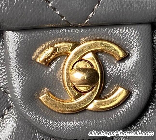 New Fashion Chanel Shiny Lambskin Mini Flap Bag with Top Handle and Buckle Chain AS4992 Grey 2024