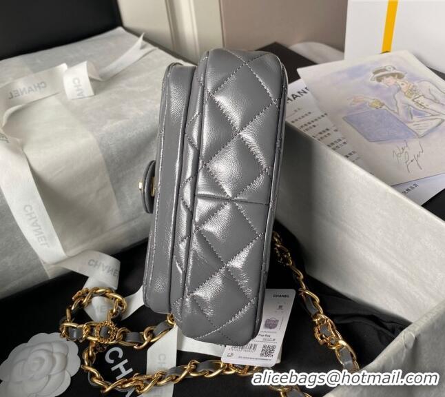 New Fashion Chanel Shiny Lambskin Mini Flap Bag with Top Handle and Buckle Chain AS4992 Grey 2024