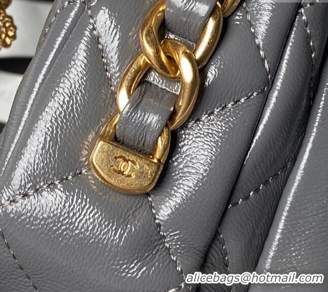 New Fashion Chanel Shiny Lambskin Mini Flap Bag with Top Handle and Buckle Chain AS4992 Grey 2024