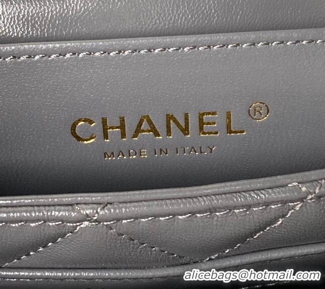 New Fashion Chanel Shiny Lambskin Mini Flap Bag with Top Handle and Buckle Chain AS4992 Grey 2024