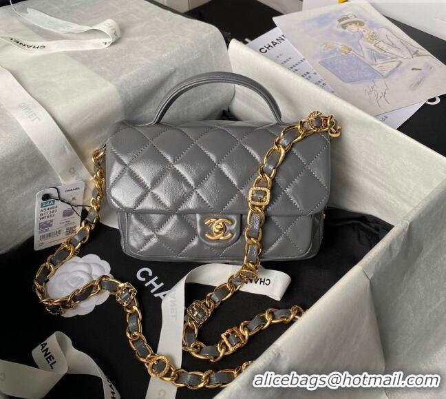 New Fashion Chanel Shiny Lambskin Mini Flap Bag with Top Handle and Buckle Chain AS4992 Grey 2024