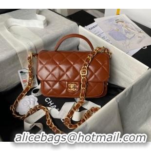 Cheap Design Chanel Shiny Lambskin Mini Flap Bag with Top Handle and Buckle Chain AS4992 Brown 2024