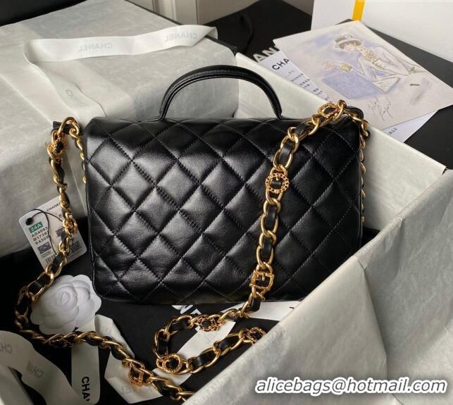 Top Design Chanel Shiny Lambskin Flap Bag with Top Handle and Pocket AS4993 Black 2024