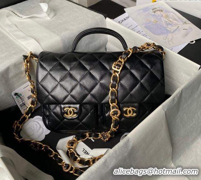 Top Design Chanel Shiny Lambskin Flap Bag with Top Handle and Pocket AS4993 Black 2024