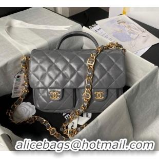 Market Sells Chanel Shiny Lambskin Flap Bag with Top Handle and Pocket AS4993 Grey 2024