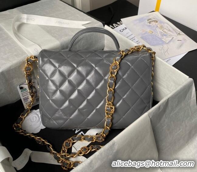 Market Sells Chanel Shiny Lambskin Flap Bag with Top Handle and Pocket AS4993 Grey 2024