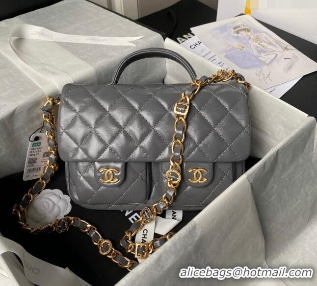 Market Sells Chanel Shiny Lambskin Flap Bag with Top Handle and Pocket AS4993 Grey 2024