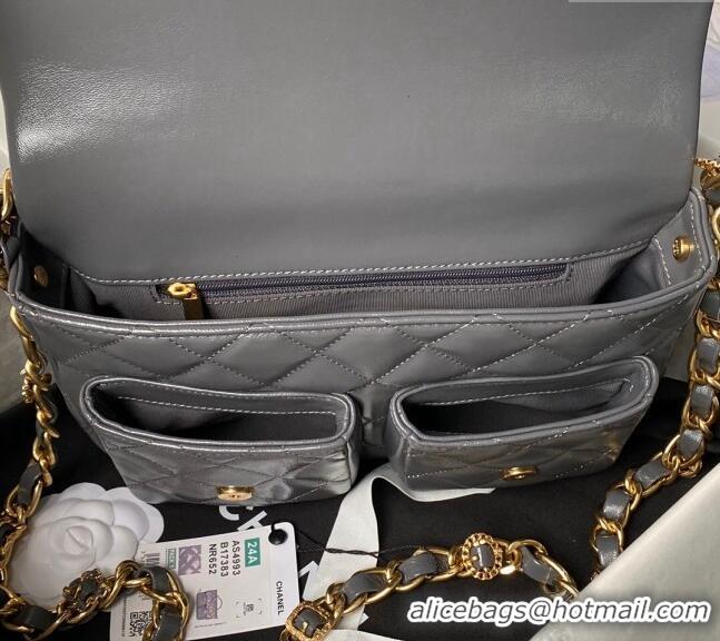 Market Sells Chanel Shiny Lambskin Flap Bag with Top Handle and Pocket AS4993 Grey 2024