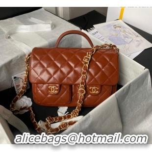 Shop Discount Chanel Shiny Lambskin Flap Bag with Top Handle and Pocket AS4993 Brown 2024