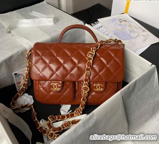 Shop Discount Chanel Shiny Lambskin Flap Bag with Top Handle and Pocket AS4993 Brown 2024