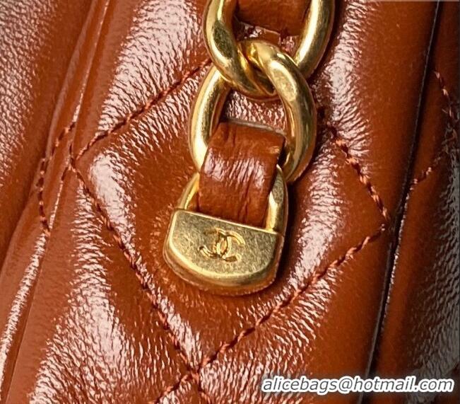 Shop Discount Chanel Shiny Lambskin Flap Bag with Top Handle and Pocket AS4993 Brown 2024