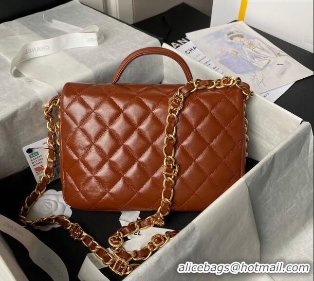 Shop Discount Chanel Shiny Lambskin Flap Bag with Top Handle and Pocket AS4993 Brown 2024